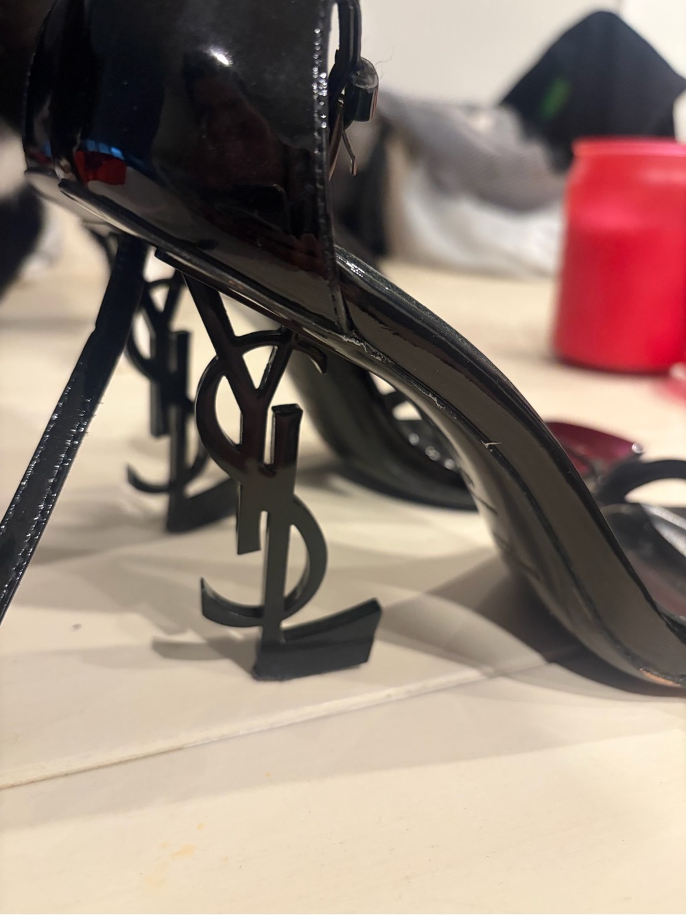 Yves Saint Laurent Black Patent Logo-Heel Sandals